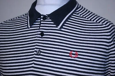 £0.99 • Buy Fred Perry Knitted Polo Shirt - L - Navy Blue/White - Bretron Striped Mod Top