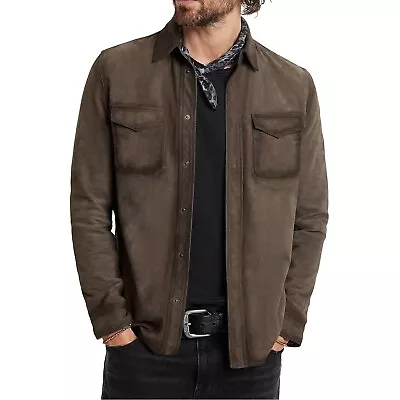 John Varvatos Collection Men's Izzy Suede Shirt Jacket 2 Pocket Snap Front Brown • $298.12