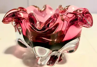 Mid-Century Modern Czech Art Glass Josef Hospodka ? Pink Floral Bowl 6” X 8” • $33