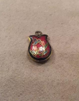 Vintage Cloisonné Floral & Butterfly Detail Tulip Shaped Pendant Red Base Color • $9