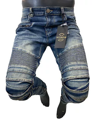 Mens Jean VICTORIOUS SKINNY LEG FIT BLUE DENIM RIPS POCKET BIKER ROCK DL1083 NWT • $45.47