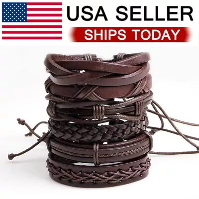 6PCS Braided Leather Brown Bracelet For Cuff Wrap Wristband Men Women Gift • $9.99
