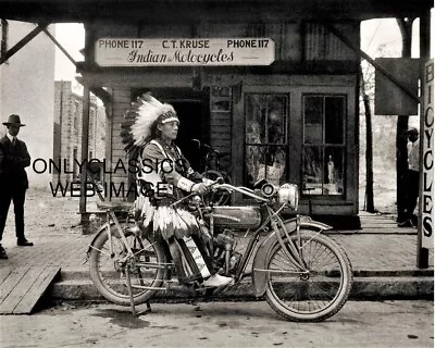 Vintage Indian Motorcycle C.t. Kruse Dealership 8x10 Photo Chief Poses On Cycle • $14.41