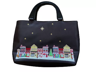 Kim Rogers Christmas Embroidered Handbag Purse BLACK Acrylic 2 Handles Bag • $19