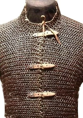 Flat Riveted Chain Mail Shirt Large HUBERGION Front Open Blackened Armour • £174.87