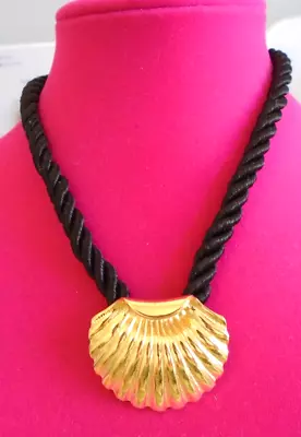 Signed EA Elizabeth Arden 14  Necklace Shell Choker Cord Gold Tone Vintage 90s • $24