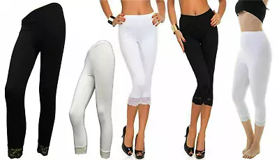 Women's Capri Ultra Soft Lace Trim Leggings Stretchy 3/4 Cropped Bottom Pant • £7.99