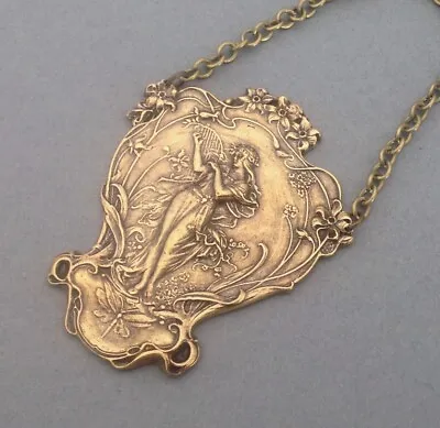 Goddess Necklace Art Nouveau Brass Muse W/ Harp Pendant Art Nouveau Jewelry • $27