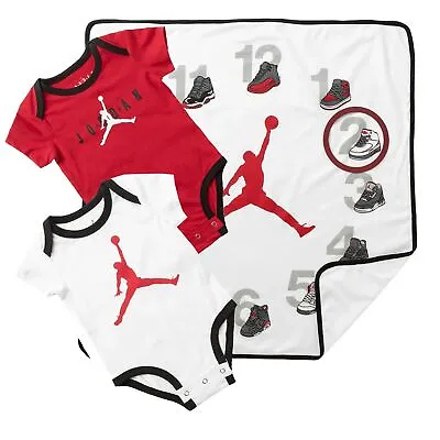 Nike Air Jordan Boys Baby Body Romper Milestone Blanket Set Gift 50-80 • £41.85