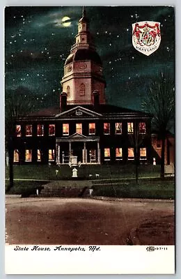 Capitol~Annapolis Maryland~State House Bldg @ Night~Coat Of Arms~Vintage PC • $3.50