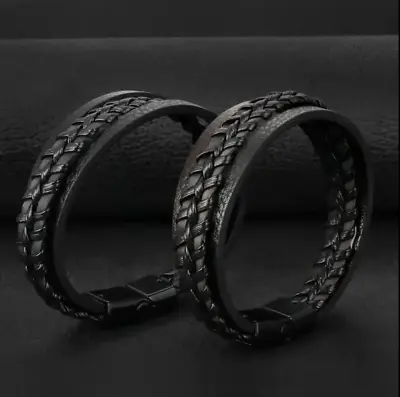 Men Jewelry Black Braided Leather Bracelet Multi-Layer Stainless Steel Clasp A • $4.99