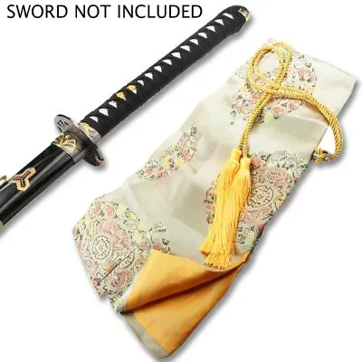 Beige Silk Embroidered Japanese Sword Bag With Gold Rope Tie • £18.95