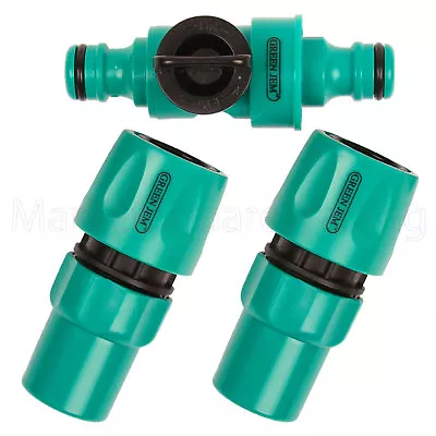 Hose Pipe Connector Kit 3pc Inline Tap Quick Fix Click On Plastic Green Jem • £6.95