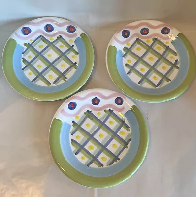 La Primula Salad Plates Made In Italy Squiggles Blue And Green Border Dots Plant • $36.99