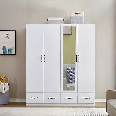 Tall Armoire Wardrobe 4 Door With Mirror & Drawers Wood Bedroom Closet Cabinet • $509.99