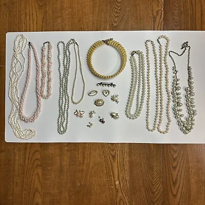 FAUX PEARL Vintage To Now Jewelry Lot Earrings Necklace Choker Brooches 20pc • $40