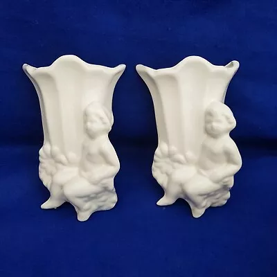 Pair Of White Vintage Inspired Wall Hung Vases Ceramic Cherubs • £8.99