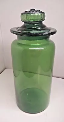 VINTAGE 11  GREEN GLASS CANISTER JAR W GROUND GLASS ON GLASS STOPPER LID • $37.99