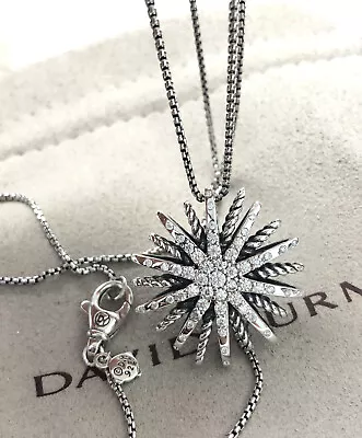 David Yurman 925 16mm Sterling Silver Diamonds Starburst Pendant Necklace • $289