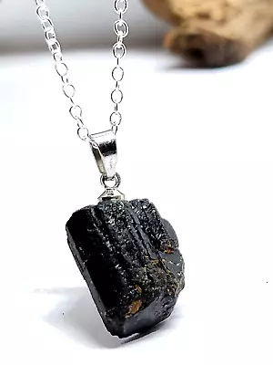 Black Tourmaline Chain Necklace Pendant Raw Gemstone Schorl Protection Small • £3.95