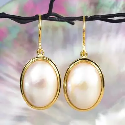 Earrings White Mabe Pearl Oval & 18K Gold Vermeil Over 925 Sterling Silver 5.57g • $72