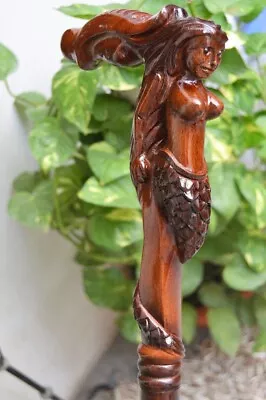 Mermaid Wooden Carved Walking Stick Cane Handmade Wood Crafted Comfortable Handl • $148