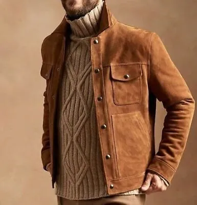 BRAND NEW Men's Tan Suede Leather Jacket 100% Soft Sheepskin Causal Slim FitCoat • $151.99