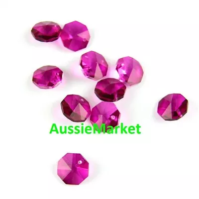 20 X Octagon Beads Dark Fuchsia Pink Crystal Glass 14mm 2 Holes Suncatcher Craft • £4.92