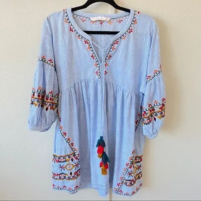 Zara Embroidered Puff Sleeves Mini Dress Top XS Tunic Floral Striped • $34.51