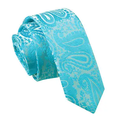 Turquoise Skinny Tie Woven Floral Paisley Mens Formal Wedding Necktie By DQT • £7.99