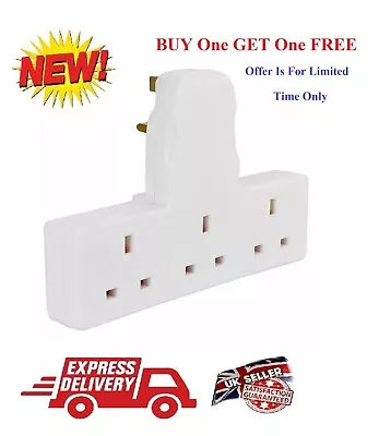 New 3 WAY SOCKET WALL ADAPTOR 3 GANG WHITE FUSED PLUG MULTI ADAPTER SWITCH • £6.99