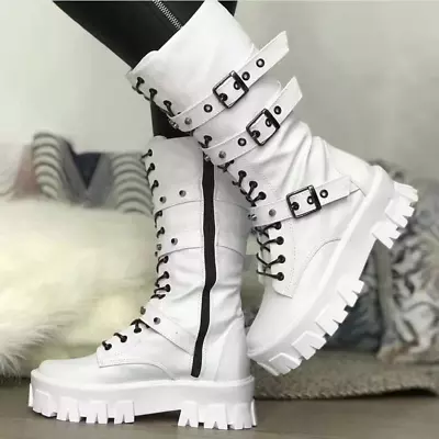 Ladies Gothic Buckle Strap Platform Heels Punk Mid Calf Boots Motorcycle Shoes • $39.41