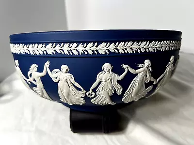 Wedgwood Bark Navy Blue Jasperware  Dancing Hours  Bowl - Nice Sprigging - Look • $299.50