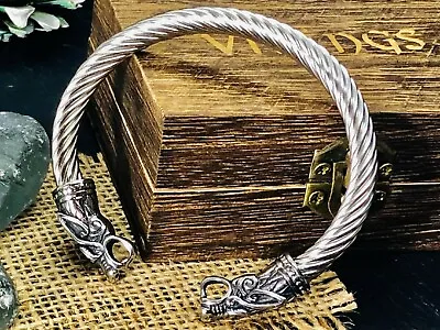 £12.95 • Buy Men's Viking Titanium Stainless Steel Silver Wolf Dragon Bracelet Armring Bangle