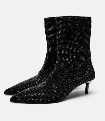 NWT Zara Black RHINESTONE HEELED ANKLE BOOTS 7.5 • $125