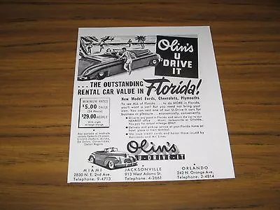 1948 Print Ad Olins U Drive It Rental Cars In Florida MiamiJacksonvilleOrlando • $11.14