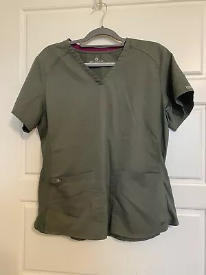 Med Couture Women’s SZ Large Scrub Top V Neck Shirt 7459 Olive Stretch Polyester • $12.95