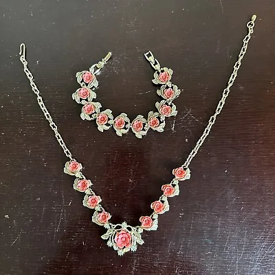 Vintage Carved Celluloid Coral Necklace And Bracelet  • $50