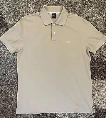 HUGO BOSS Mens Polo Shirt Beige 100% Cotton Size Medium Great Condition • £22