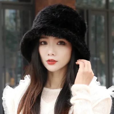 Women's Knit Real Mink Fur Hat Bucket Cap Beanies Bowler Cloche Hat W Flower • $29