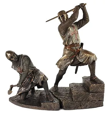 Pair Of Medieval Times Templar Knights On Stairs Fighting Statue Bronze Color • $168.71