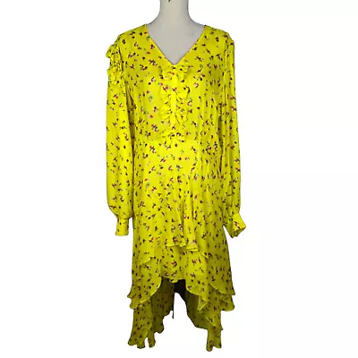 PREEN By Thornton Bregazzi Floral Print Ruffle Hem Dress Yellow Size Large • $250