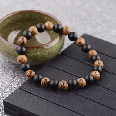 8MM Multilayer Wooden Onyx Beaded Women Men's Charm Bracelet Stretch Jewelry  • $1.49