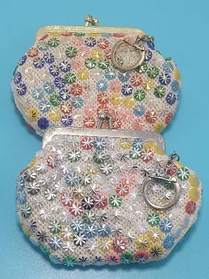 LOT Of 2 VINTAGE SMALL BEADED  FLORAL PATTERN COIN PURSE W/KEY RING HONG KONG  • $26.99