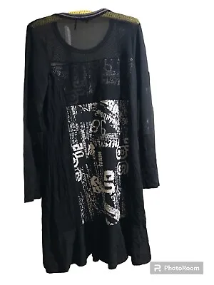 TRICOTTO Womens LARGE Black Tunic Dress Patchwork Mesh Sheer Sleeve Frills Boho • $23.99