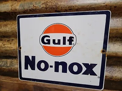 Vintage Gulf Porcelain Sign No Nox Gasoline Station Oil Lubrication Products 12  • $197.41