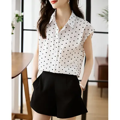 Women Summer Short Sleeve Collared Button Chiffon Loose Casual Shirt Blouse Tops • $9.95