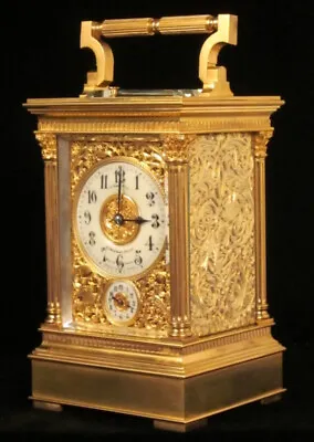 Petite Sonnerie Carriage Clock Fretted Engraved Gilded Panels (c. 1875) • $6650