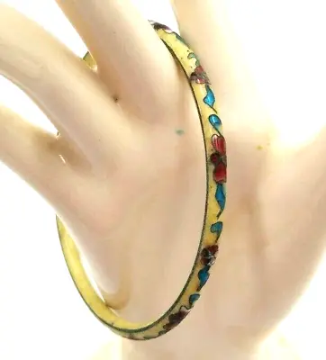 Vintage Asian Yellow Enamel W/Blue Red Gold  Floral  Cloisonné Bangle Bracelet • $22.75