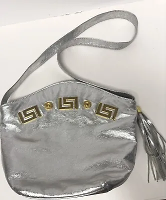 Vintage 80s Silver Leather Shoulder Hand Bag Greek Key Logo PARIS BRAND? • $25